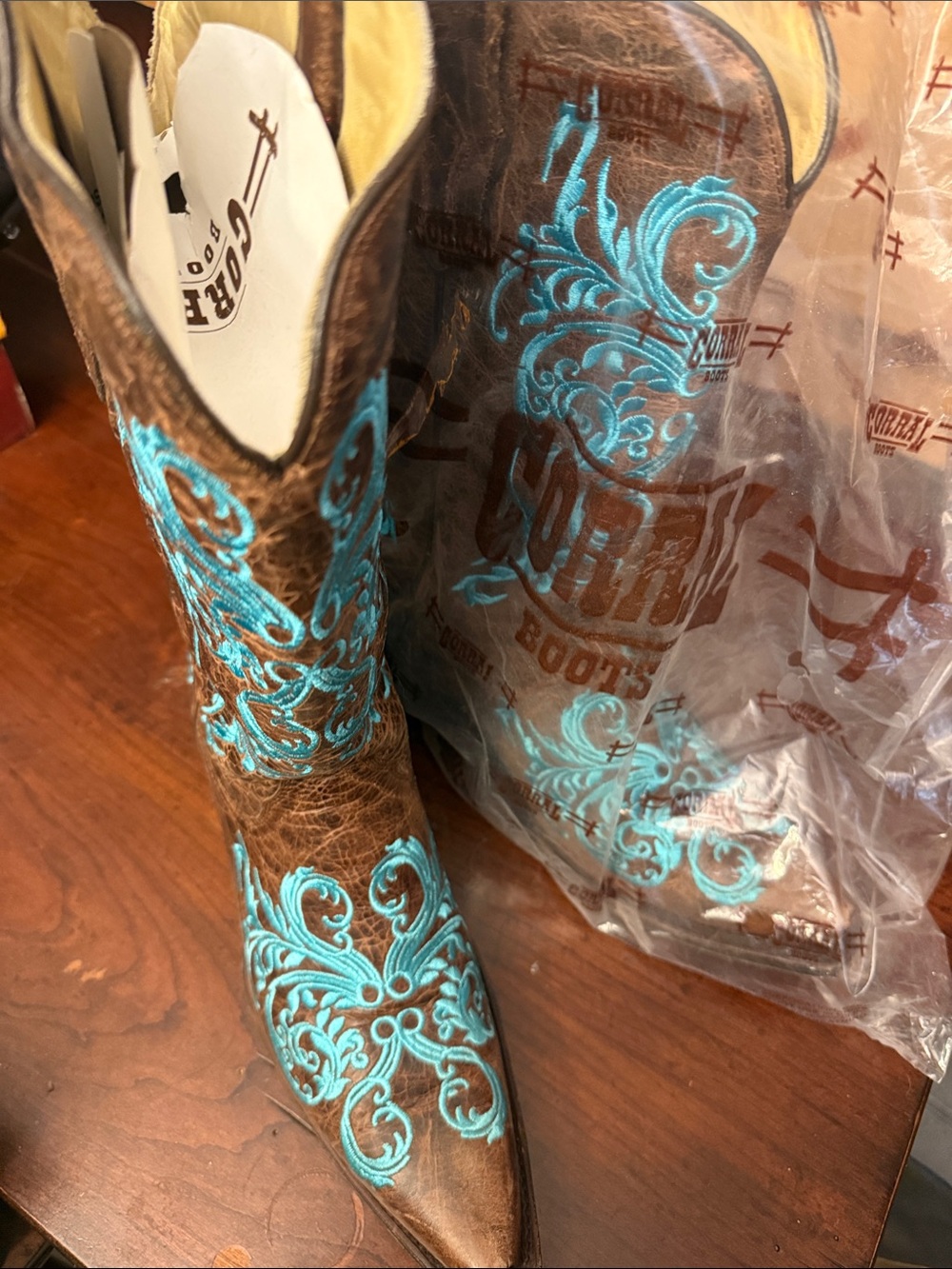 Corral Brown Leather Heeled Boot with Turquoise Embroidery